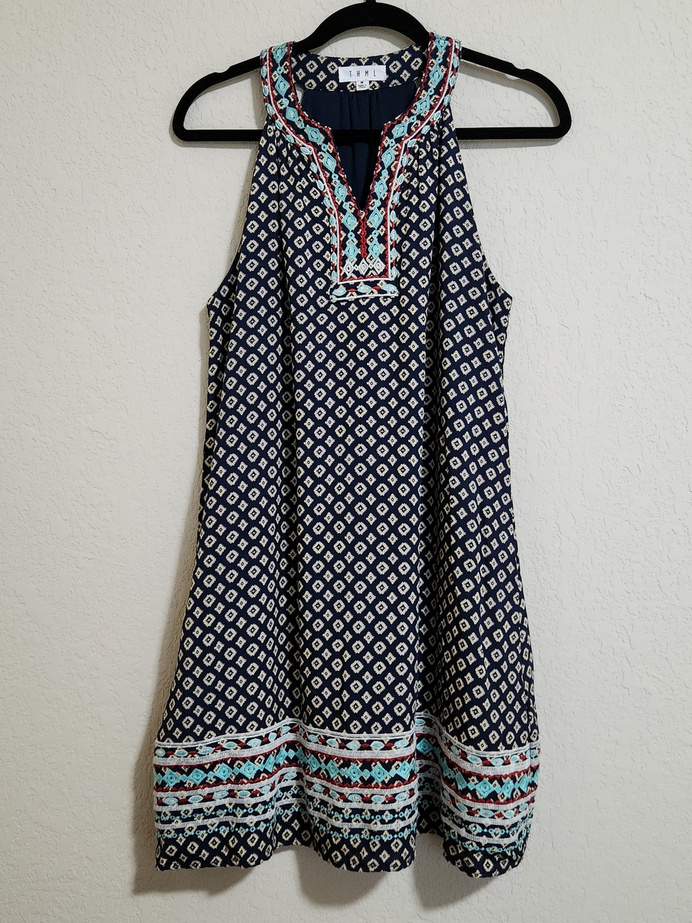 THML Faye Embroidered Dress Navy Blue Sleeveless Mini Shift Dress Boho-inspired